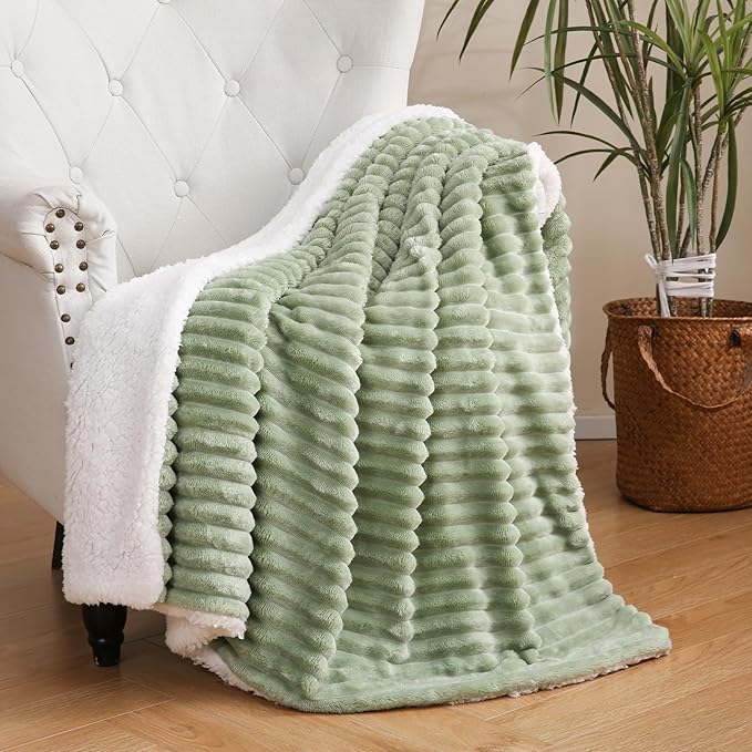Sage Green Sherpa Fleece Throw Blanket 50”×60” for Couch Sofa Bed,Super Soft Cozy Plush Double Side Thick Flannel Blanket with Striped Design Lightweight for Adults,Woman,Girls