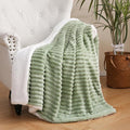 Sage Green Sherpa Fleece Throw Blanket 50”×60” for Couch Sofa Bed,Super Soft Cozy Plush Double Side Thick Flannel Blanket with Striped Design Lightweight for Adults,Woman,Girls