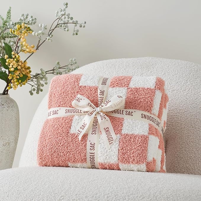 Snuggle Sac Checkered Throw Blanket for Couch, Super Soft, Cozy Warm Knit Blankets, Reversible Plaid Fluffy Throws for Sofa Bed Checkered Pink, 50x60 Inches