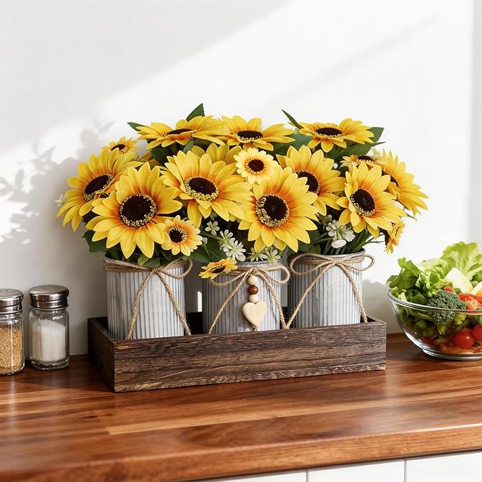 Artificial Sunflower Decorative Centerpiece, Rustic Table Centerpieces Home Decor for Dining Room, Farmhouse Wood Planter Box with 3 Galvanized Metal Pots Decorative