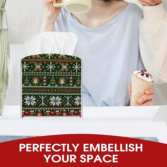 Retro Christmas Tissue Box Cover Holder, Christmas Trees and Snow Tissue Box Cover Leather, Xmas Gift Ideas for Family Friends, Bathroom Kitchen Car Office Home Table Decor(5.2 Inches)-B15