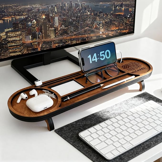 Ships Next Day, Personalized Wood Desk Organizer, Custom Phone & Tablet Stand, Engraved Wood Office Accessory, Custom Docking Station, Custom Organizer Gift