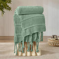 Boho Knitted Chenille Blanket with Tassels - Lightweight & Soft All-Season Throw - 3D Classic Pattern for Living Room Bedroom Couch, Sage Green, Twin 60"x80"