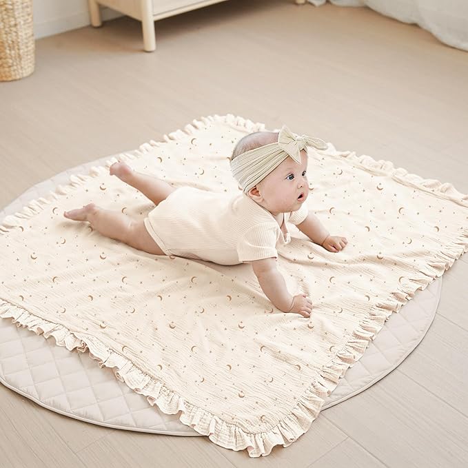 Konssy Flounce Muslin Baby Blanket for Girls Boys, 100% Cotton Soft Crib Swaddle Blankets, Reversible & Breathable Nursery Bedding for Newborns Toddlers, 40 x 36 Inches (Moon)