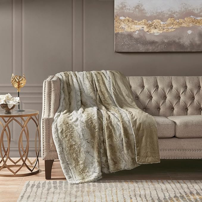 Madison Park Zuri Soft Plush Luxury Oversized Faux Fur Throw Animal Stripes Design, Faux Mink On The Reverse, Modern All Seasons Blanket for Bed, Sofa Couch, Office, Sand, 60x70"