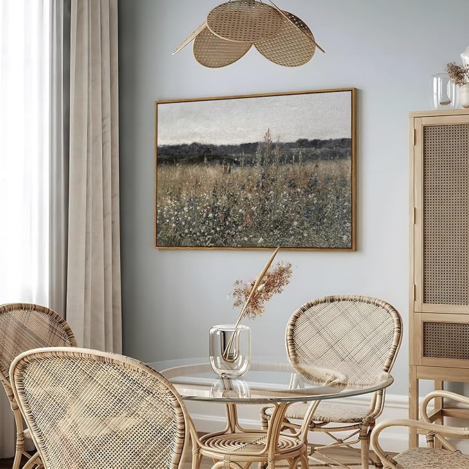 InSimSea Framed Canvas Wall Art Vintage Decor, Landscape Wall Art, Meadow with Flowers Art, Modern Farmhouse Decor, Cottagecore Bedroom Bathroom Office Decorations, 24"x36"