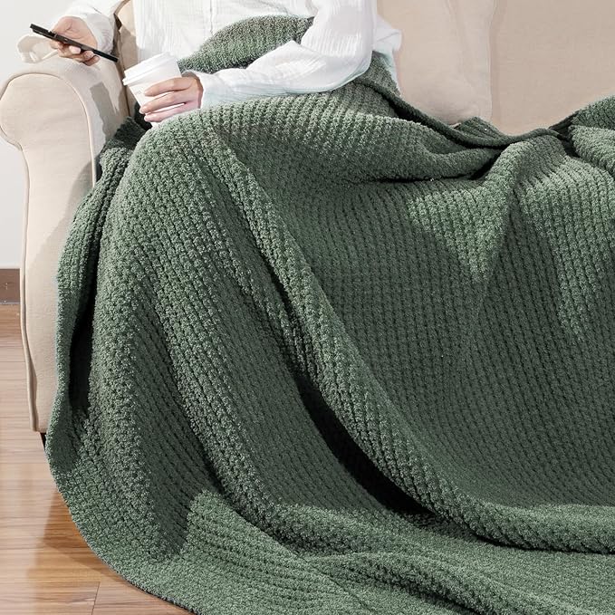 Waffle Knit Blanket Twin Size, Luxury Cozy Chunky Knit Twin Blanket for Couch, 60 x 80 Inch Thick Ultra-Soft Feather Yarn Knitted Blankets for Sofa, Bed, Home Decor - Sage