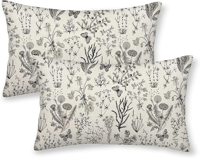 AEIOAE Spring Pillow Covers 12x20 Inch Set of 2,Black Gray Wild Flower Plant Throw Pillows Case,Seasonal Floral Outdoor Decorative Linen Farmhouse Decor Cushion Covers for Home Sofa Bed Couch