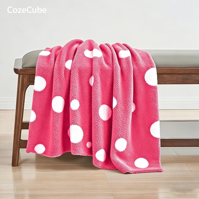 CozeCube Super Soft Fullfy Microfiber Reversible Knitted Blankets, Warm Cozy Fuzzy Plush Throw, Hot Pink and White Polka Dot Throw Blanket for Couch Bed Sofa, 50" x 60"