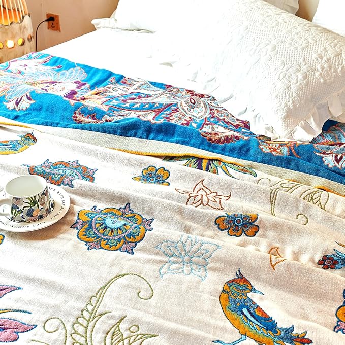 Boho Throw Blanket, 100% Organic Cotton Breathable Skin-Friendly Ultra Soft Bed Quilt Throw - All Season Floral Bird Farmhouse Décor Luxury Blanket for Sofa Couch Chair and Gift. 80" x 90"