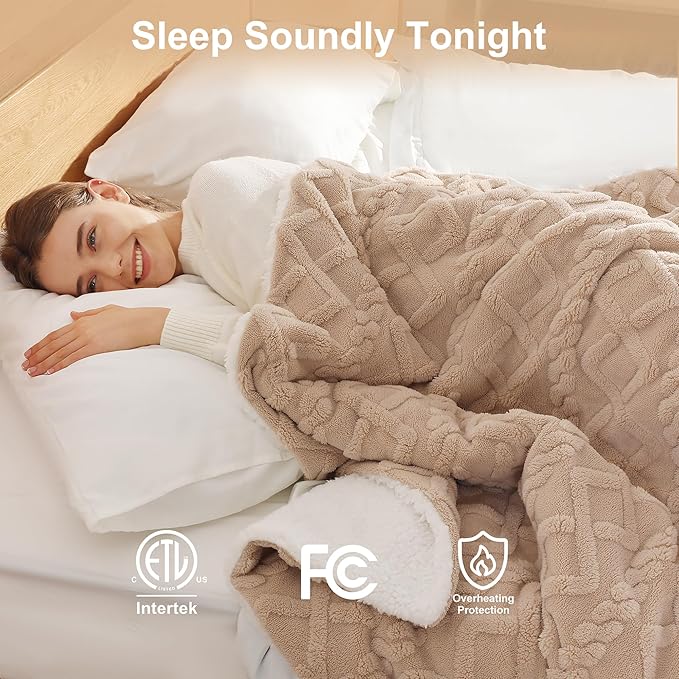 Heated Throw Blanket 50"x60" with 5 Heating Levels & 4 Hours Auto Off, Soft & Plush Sherpa Electric Blanket Throw with ETL & FCC Certification for Home Use, Machine Washable, Great Gift, Beige