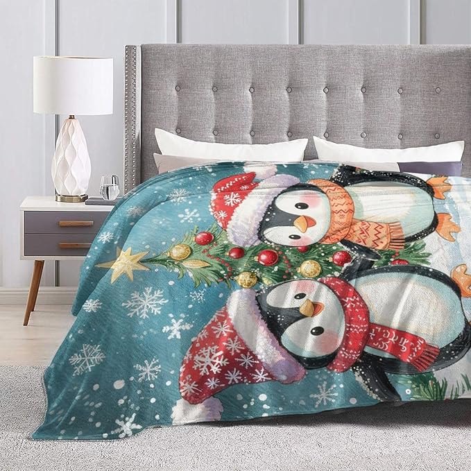 Penguin Throw Blanket - Soft Plush Fleece Christmas Winter Blankets- Cozy Penguin Stuff Gifts for Women Girls Kids 60"X80"