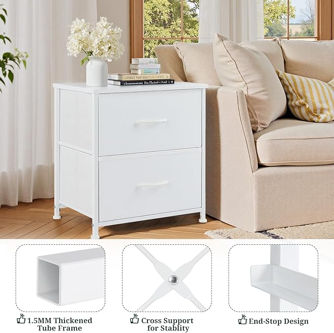 Nightstand Set of 2, Small 2 Drawer Dresser End Table Bedside Furniture, Wooden Top Fabric Bins for Bedroom, Closet, Entryway, Dorm, 11.8" D x 18" W x 20", White