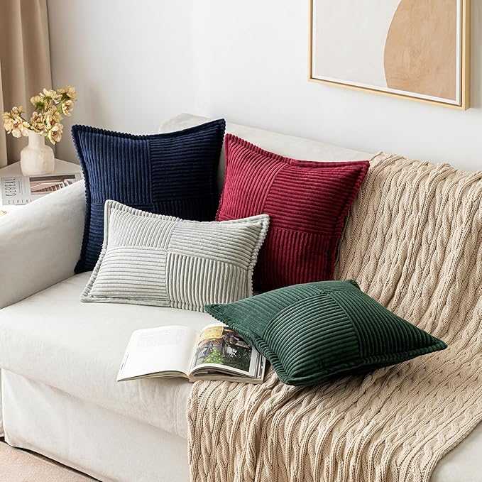 MIULEE Decorative Euro Sham Throw Pillow Covers for Couch Bed Livingroom 24x24 Inch Set of 2 Dark Green Boho Accent Throw Pllows Broadside Striped Patchwork Soft Corduroy Pillowcases