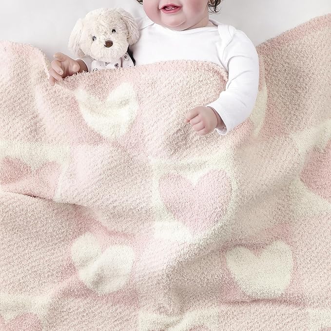 CREVENT 2Pcs 30''X40'' Cute Cozy Fluffy Warm Baby Blankets for Infants Toddlers' Bedding Crib Cot Stroller - Grey Cloud + Knit Pink Heart