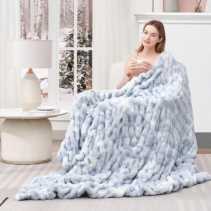 Touchat Ruched Faux Rabbit Fur Blanket, 700 GSM Luxury Dual-Sided Soft Cozy Blanket, Fuzzy Fluffy Plush Throw for Bed, Couch and Sofa - 60"x80", Tie-dye Blue