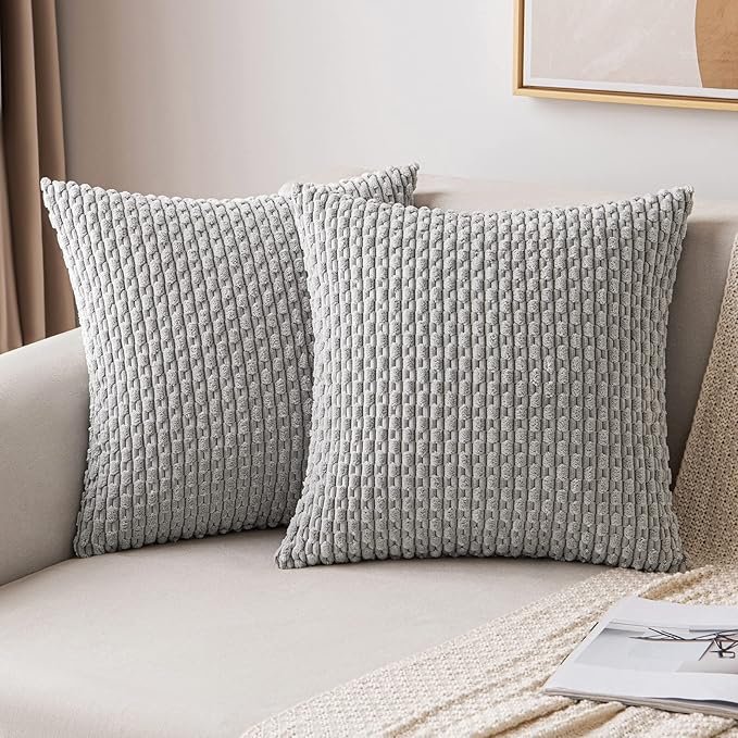 MIULEE Pack of 2 Decorative Throw Pillow Covers 18x18 Inch Soft Boho Striped Textured Corduroy Pillow Covers Modern Farmhouse Home Decor for Couch Bed Sofa Living Room Light Grey