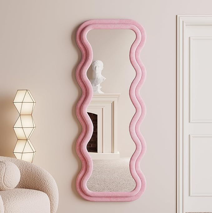 BOJOY Full Length Wavy Mirror, 63"x24", Arched Floor & Wall Mirror - Standing, Hanging or Leaning - Flannel Wrapped Wooden Frame - Pink