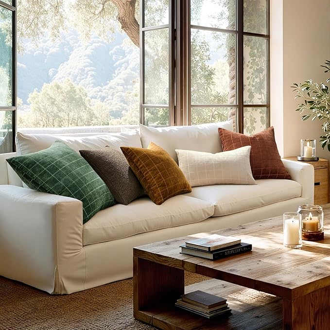 MIULEE Decorative Chenille Check Throw Pillow Covers Vintage Plaid Couch Pillows 22x22 Inch Set of 2 Neutral Boho Cushion Covers Modern Spring Home Decor for Sofa Bed Living Room Moss Green