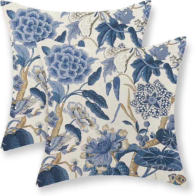 Blue Pillow Covers 20x20 Inch Set of 2 Vintage Blue Floral Throw Pillows Chinoiserie Flower Decorative Pillow Cases Outdoor Linen Farmhouse Cushion Cover for Couch Home Sofa Bed Decorations