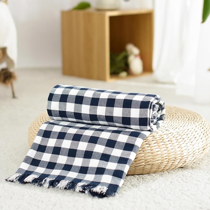 100% Cotton Throw Blanket Plaid Soft Lightweight Cozy Farmhouse Tassels Summer Thin Breathable Throws for Couch Sofa Bed (50" × 60" Navy Blue)