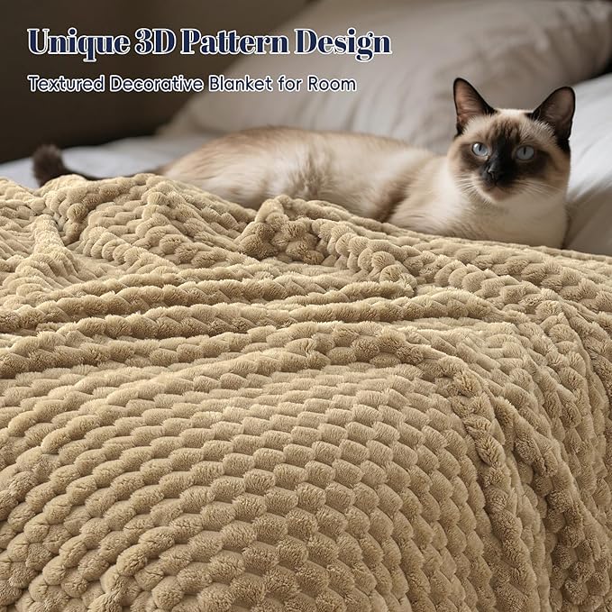 PHF Ultra Soft Flannel Fleece Blanket King Size, Lightweight 3D Jacquard Fleece Blanket, No Shedding, No Pilling, Luxury 340GSM Aesthetic Fluffy Cozy for Bed Room Decor, 108"x90", Khaki
