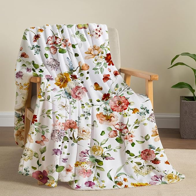 Watercolor Flowers Throw Blanket Botanical Floral Throw Blanket Ultra Soft Flannel Fleece Bed Blanket Cozy Fuzzy Plush Couch Cover Lightweight Wildflowers Plants Blanket for Sofa Bed 60" X 80"