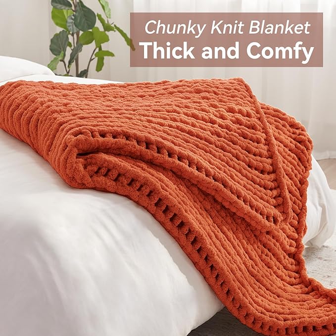Chunky Knit Throw Blanket, 80''*90'' Knitted Throw Chenille Yarn for Bed Couch, Handmade Orange Crochet Big Thick Blanket, Machine Washable Cute Comfy Blanket for Home Decor