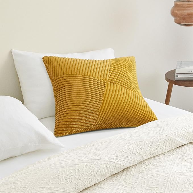 Topfinel Set of 2 Decorative Yellow Throw Pillow Covers 12x12 Inch, Soft Corduroy Pillow Covers Windmill Textured Striped Patchwork Cushion Cases for Couch Sofa Bed Cute Aesthetic Home Decor