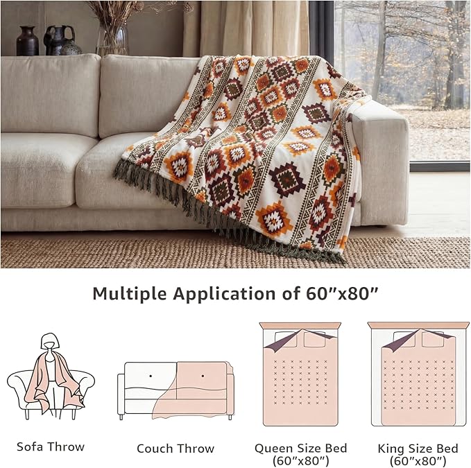 CASAAGUSTO Boho Throw Blanket - Orange and Green Decorative Blankets with Tassel, Printed Flannel Bohemian Blanket for Chair, Bed, Sofa, Couch(50 * 60, Orange and Green)
