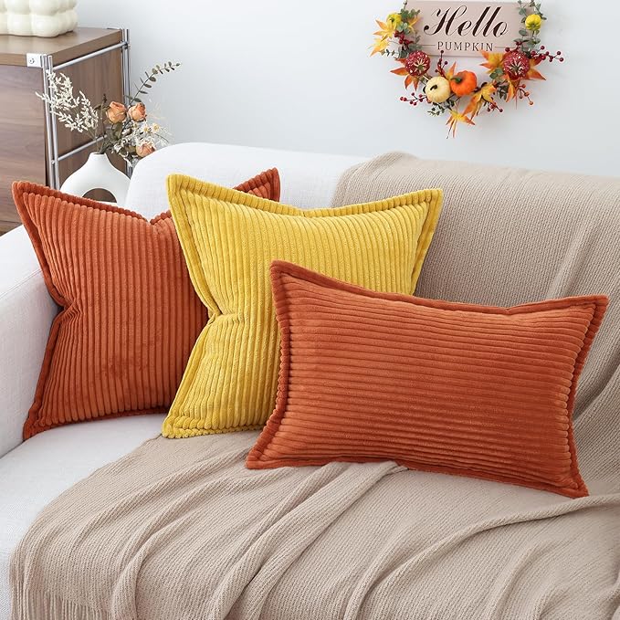 Mecatny Corduroy Fall Throw Pillow Covers 18x18 Set of 2, Neutral Decorative Soft Burnt Orange Boho Couch Pillow Covers with Broadside for Sofa Living Room, Rust