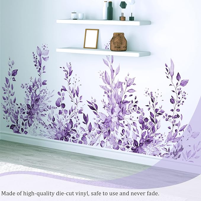 Purple Plants Leaves Wall Decals Peel and Stick, Large Floral Flowers Wall Stickers, Removable Vine Home Decor Art for Bedroom Living Room Classroom Office