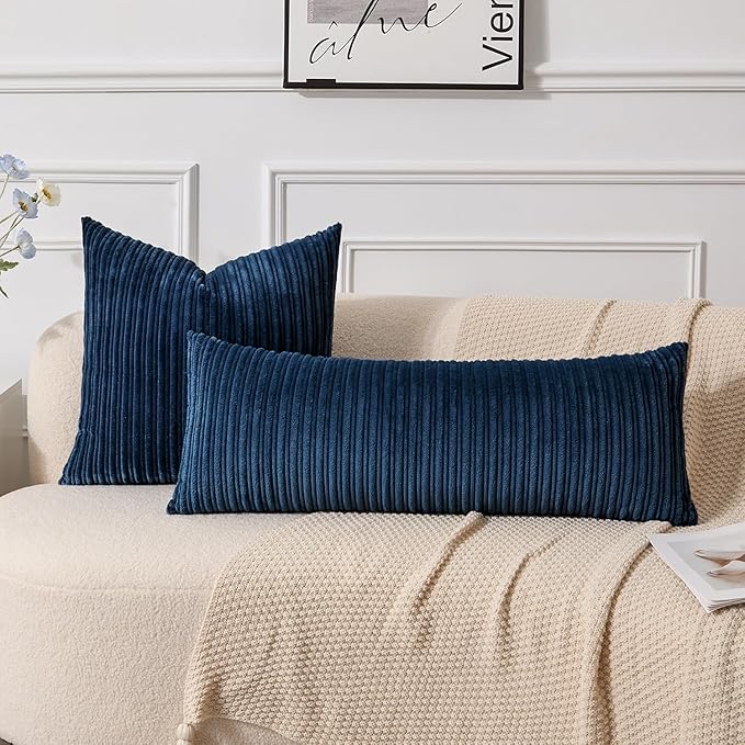 UGASA 14x36 Inch Pillow Cover Pack of 1 Soft Boho Stripe Corduroy Large Long Rectangle Lumbar Cushion Case Farmhouse Decorative Throw Pilowcase for Bed, Couch, Sofa, Bedroom, Living Room, Navy Blue