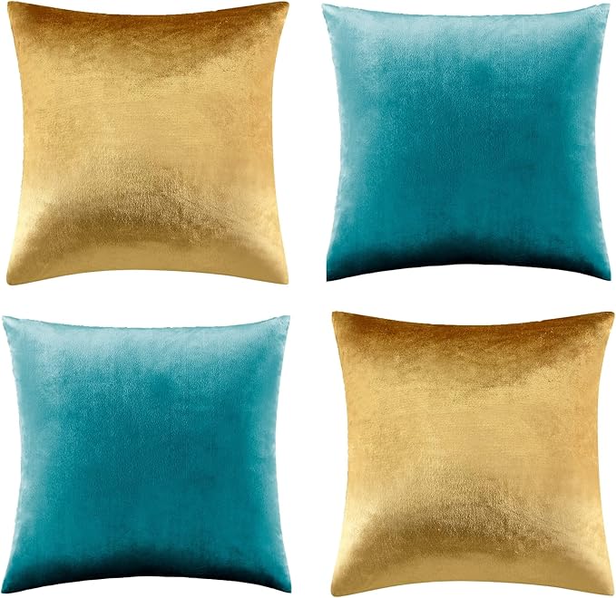 GIGIZAZA Velvet Pillow Covers 16x16,Gold Teal Soft Throw Pillow Covers Set of 4 Square Decorative Modern Pillows Covers for Living Room