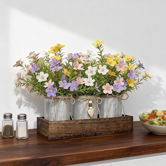 Artificial Gypsophila Baby's Breath, Rustic Table Centerpieces Home Decor for Dining Room, Farmhouse Wood Planter Box with 3 Galvanized Metal Pots Decorative Table Centerpiece