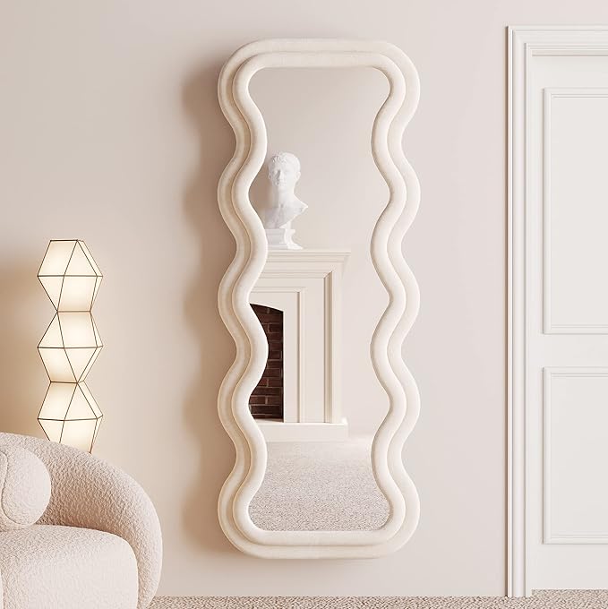 BOJOY Full Length Mirror 63"x24", Irregular Wavy for Standing Hanging or Leaning Against Wall for Bedroom, Flannel Wrapped Wooden Frame-White