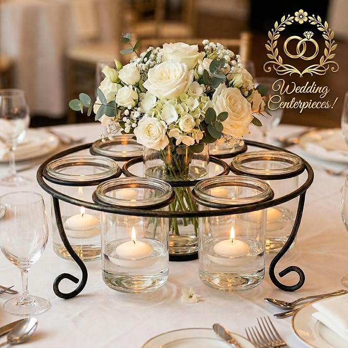 Metal 6-Cup 11.75" Round Floating Candle Holder Table Centerpiece with Large Glass Cups for Weddings, Outdoor Patio, Dining Room, and Coffee Tables, Black with Brushed Gold