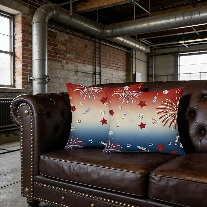4th of July Throw Pillow Covers, Patriotic Fireworks Stars Design, Linen, 18x18 Inch, Set of 2, Farmhouse Style