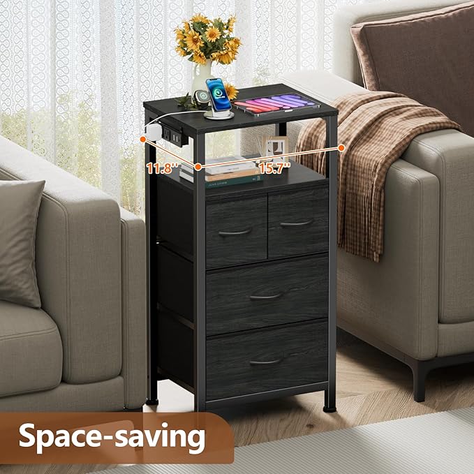 Furnulem Tall Night Stand with Charging Station and Led Light, Small Dresser with Open Shelf and 4 Storage Drawers, Black Side Table Fabric Nightstand for Bedroom, Entryway, Bedside Furniture | and Led Light, Open Shelf, 4 Storage Drawers, for Bedroom,...