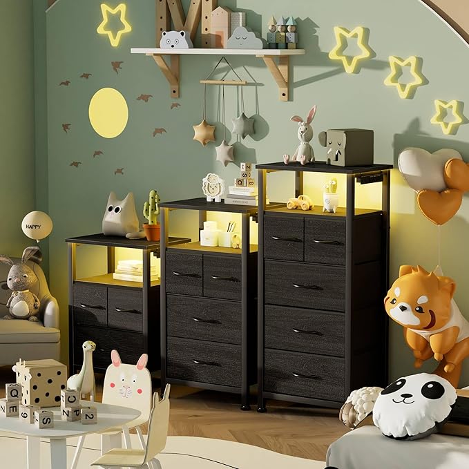 Furnulem Tall Night Stand with Charging Station and Led Light, Small Dresser with Open Shelf and 4 Storage Drawers, Black Side Table Fabric Nightstand for Bedroom, Entryway, Bedside Furniture | and Led Light, Open Shelf, 4 Storage Drawers, for Bedroom,...
