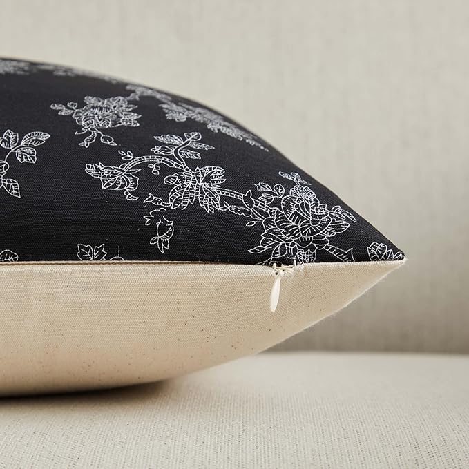 100% Cotton French Pastoral Throw Pillow Covers Set of 2, 12x20 Inch Background/Black Farmhouse Decorative Cushion Covers for Sofa Bed Living Room Home Decor