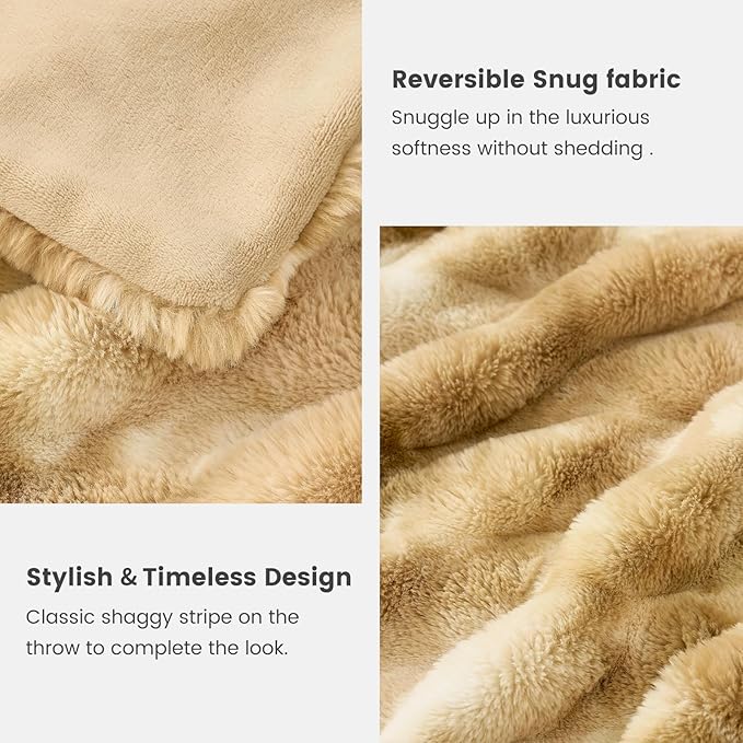 Cozy Bliss Deluxe Striped Rabbit Faux Fur Throw Blanket, Soft Fluffy Warm Plush Blanket for Winter, Modern Homr Decor, Tie-dye Khaki 50"x60"