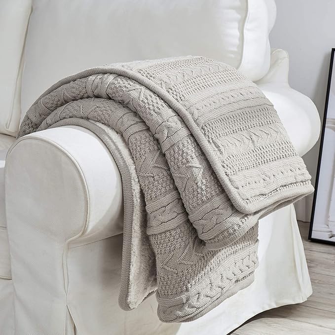 Longhui bedding Acrylic Cable Knit Sherpa Throw Blanket - Thick, Soft, Big, Cozy Light Grey Knitted Fleece Blankets for Couch, Sofa, Bed - Large 60 x 80 Inches Gray Coverlet All Season