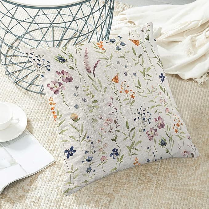 AEIOAE Spring Pillow Covers 18x18 Inch Set of 2, Sage Green Colorful Wild Flower Throw Pillows Case,Seasonal Floral Plant Outdoor Decorative Farmhouse Decor Cushion Covers for Sofa Bed Couch