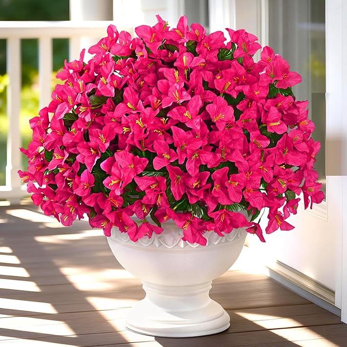 Yastouay 8 Bundles Artificial Flowers for Outdoors, Realistic Bougainvillea Fake Flowers for Outside, UV Resistant Silk Outdoor Faux Plants for Porch Patio Planter Front Door Garden Decor(Hot Pink)