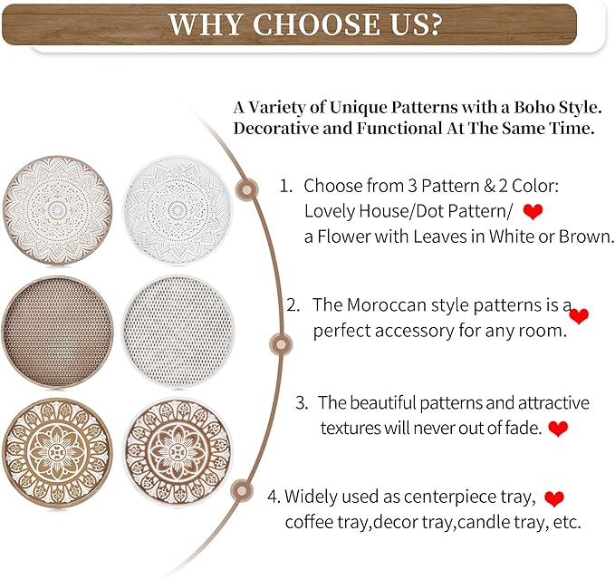 Hanobe Decorative Coffee Table Tray: Round Wood Trays for Boho Home Decor 12 Inch Rustic Farmhouse Centerpiece for Living Dining Room Ottoman Kitchen Counter Brown