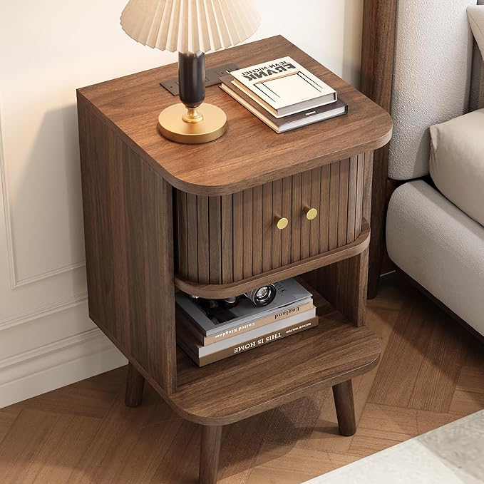 Fluted Nightstand, Mid Century Modern Bedside Table with Charging Station, Walnut End Tables with Sliding Tambour Doors, Storage Cabinet and Open Shelf for Bedroom, Walnut