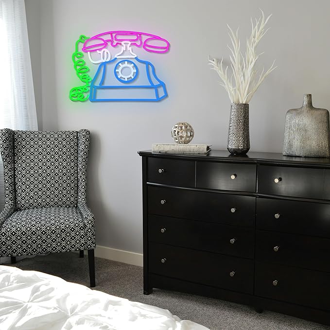 Telephone Neon Sign Retro Phone Light Up Sign Dimmable Landline Neon Light Colorful Phone LED Sign for Bedroom Office Bar Shopping Center School