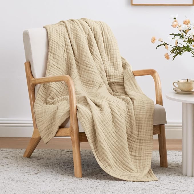 Love's cabin 100% Cotton Muslin Blanket, 6 Layer Lightweight Breathable Gauze Twin Size Blanket 60 x 80 Inches, Soft Summer Blanket for Bed or Couch, Khaki
