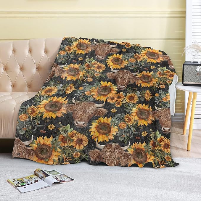 Cute Highland Cow Fleece Blanket - 50x60in Sunflower Rustic Throw Blankets,Soft Cozy Lightweight, Ideal for Living Room Home Farmhouse Decor and Kids Women Girls Spring Gifts